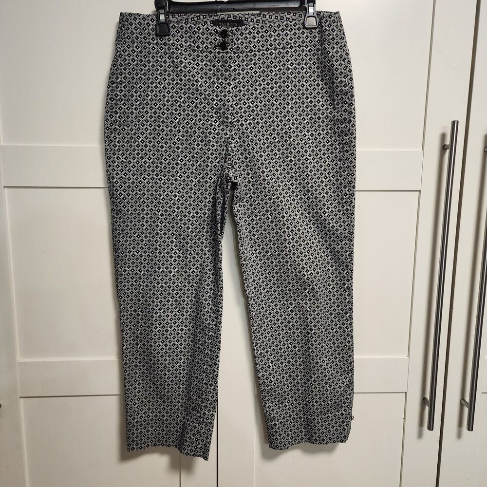 Talbots Womens Heritage Cropped Pants 8 Black White Geometric Print High Rise